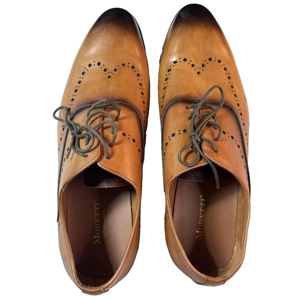 Moretti Brogue Oxford Dress Shoes Mens Size 10 Brown Leather Wingtip Lace Up